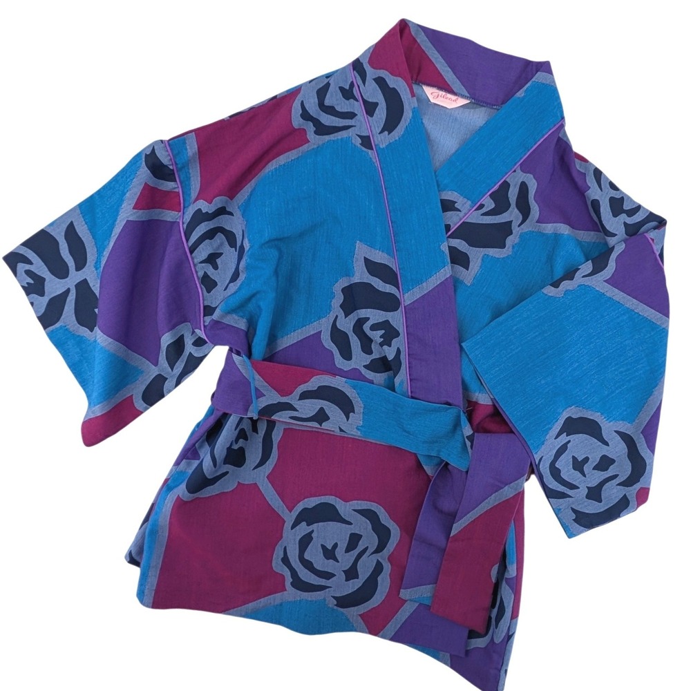 Gilead Vintage Kimono Shirt Cotton Geometric‎ Floral Wrap Top Purple Blue Large
